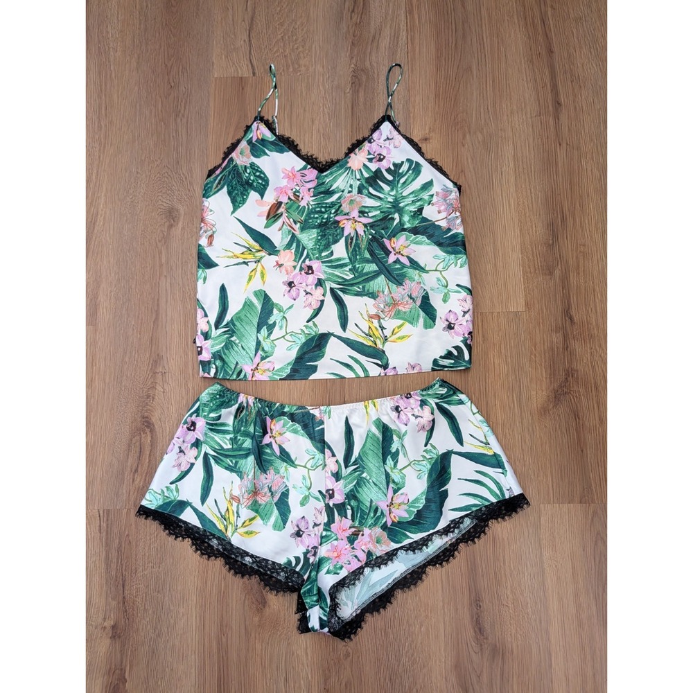 Victoria's Secret Satin Black Lace 2 Piece Short‎ Cami Set Tropical Size L